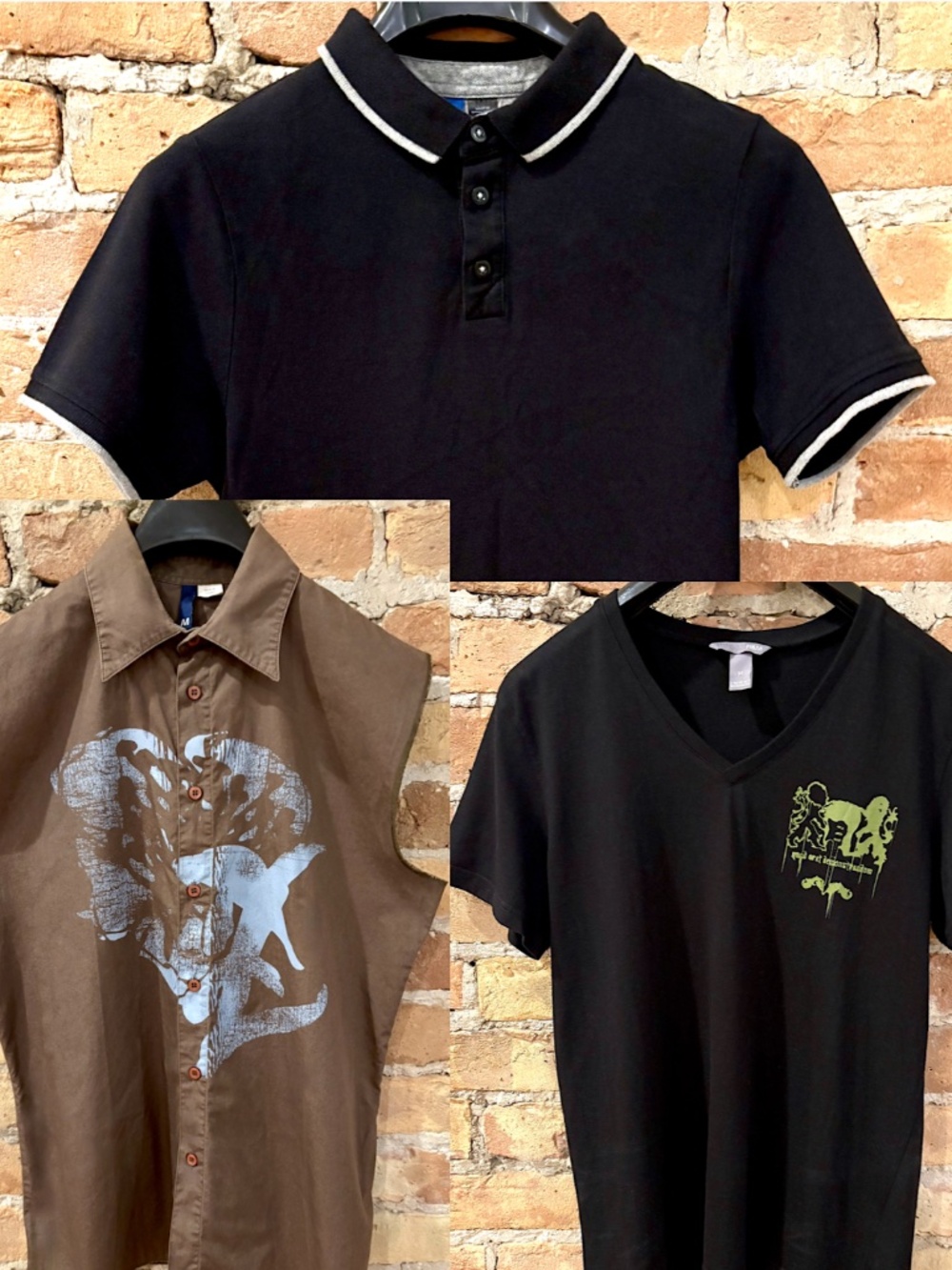 H&M 3 Shirts: Black Polo, Brown Sleeveless Button Up & Black V-Neck T-Shirt Tee